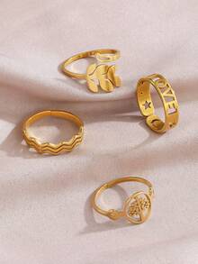 4 Stücke/5 Stücke Set minimalistische Mode kühler Ton Landschaft Edelstahl vergoldeter Liebesblatt offener Ring Set, geeignet für Damen Alltag, Festivals, Partys oder als Geburtstags-, Valentinstags-Geschenk - Gold - Übersicht 3