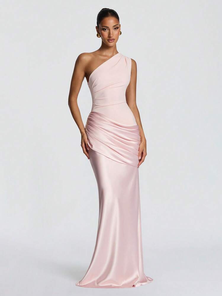 Elegante, getailleerde cocktailjurk met open schouders, geplooide taille en heupen, geschikt voor formele gelegenheden, cocktailparty's, bruidsmeisjesjurken, bruiloftsrecepties en andere feestelijke gelegenheden. Roze, lente - Roze - Bekijken 1