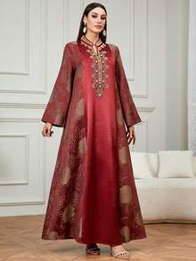 Solessence Áo Jalabiya dài thanh lịch dành cho nữ, thời trang, họa tiết jacquard ngẫu nhiên, đính cườm và thêu tinh tế, thích hợp cho lễ Eid, mặc hàng ngày và ở nhà vào mùa xuân. - Đỏ - Xem 4