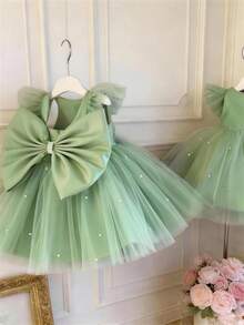女婴薄荷绿荷叶袖蝴蝶结串珠网纱优雅派对礼服，公主裙，适合女童一周岁生日、派对、宴会、婚礼花童、节日庆典等场合。 - 薄荷綠 - 查看 4