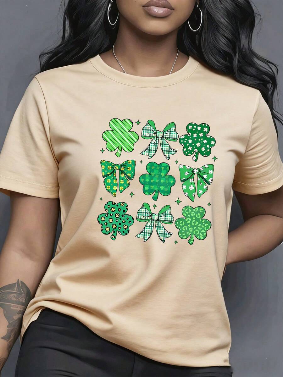 1pcs Four-Leaf Clover And Bowknot Combination Pattern, The Four-Leaf Clover Uses Green Textures Such As Stripes, Plaid, And Floral, And The Bowknot Matches The Corresponding Texture Design Suitable For Spring And Summer Casual Clothing, Women's T-Shirts, Seasonal Clothing, Artistic Design, Soft Material, Lightweight Shirt, Spring And Summer Fashion, Comfortable Fabric, Printed T-Shirt 180gLadies Relaxed Fit Short Sleeve Shirt Easy To Match - Màu be - Xem 1
