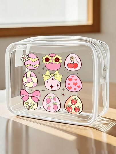 Happy Easter, Rabbit Easter Pattern PVC Cosmetic Bag, Available In Large And Small Sizes, PVC Zipper Travel Organizer Bag, Lightweight And Fade-Resistant Cosmetic And Toiletry Bag, Suitable For Travel, Daily Use, And Easter Birthday/Holiday Gifts