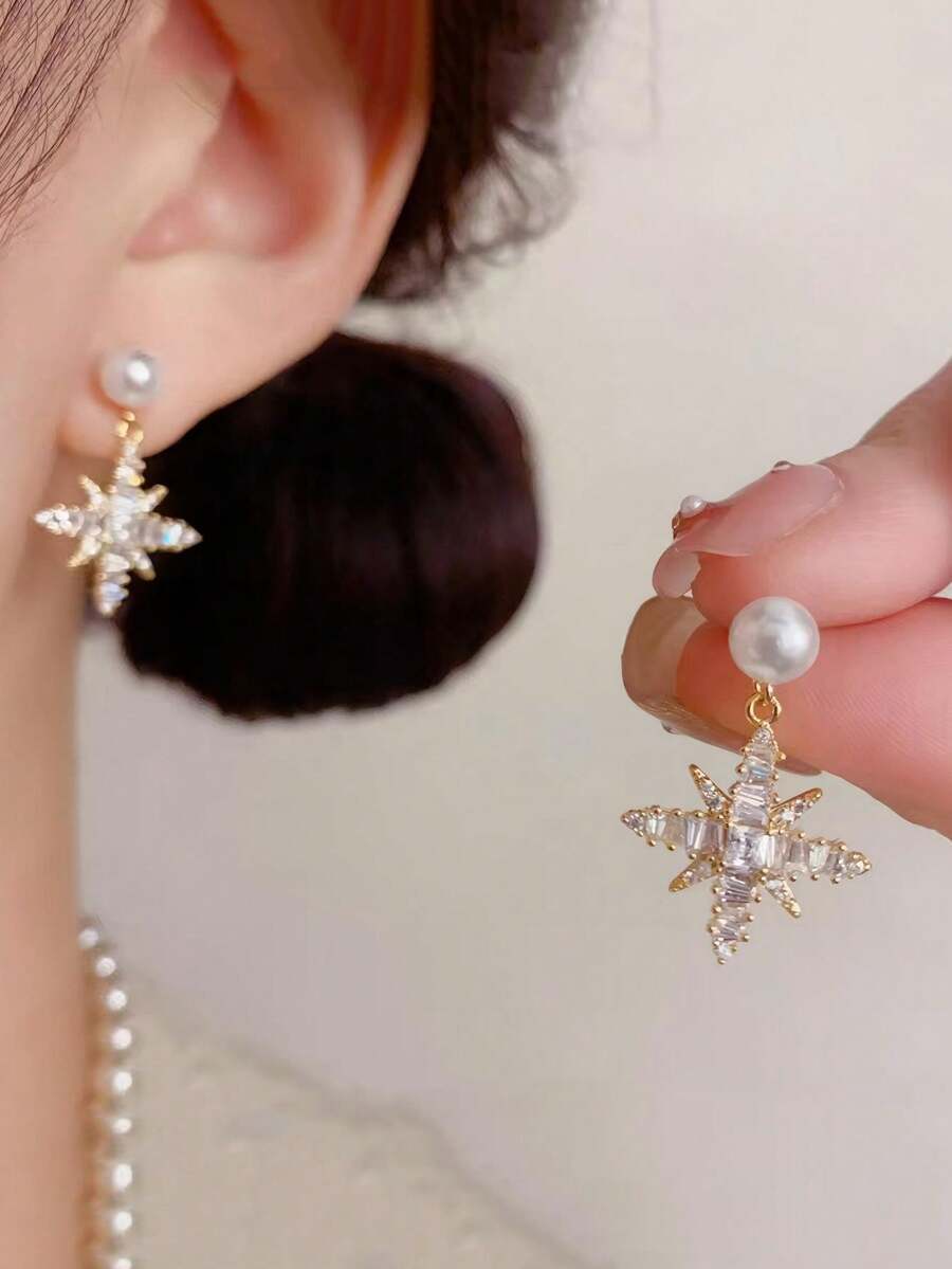 1 Pair 925 Sterling Silver Fully Paved 8-Pointed Star Pendant Pearl Earrings, Elegant Design Fashionable Daily Wear Jewelry, Suitable For Music Festival Party Gift - Gold - View 1