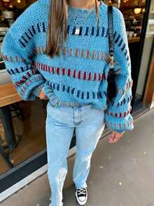 Plus-Size Colorful Striped Sweater, Women's Openwork Knit Sweater - Màu xanh lam - Xem 2