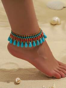 1 chiếc lắc chân dệt hạt ngọc lam phong cách Boho có mặt dây chuyền nhiều màu sắc, phù hợp cho trang phục hàng ngày và lễ hội của phụ nữ, đặc biệt phù hợp cho mùa hè (Sắp xếp đá hình giọt nước thủ công ngẫu nhiên) - Giọt nước màu - Xem 3