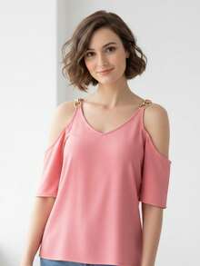 Blusa rosa con mangas caídas elegante dama mujer hombros ligero formal suave amplio cómodo fresco calor día noche vacaciones playa jardín comida primavera verano calle diario cumpleaños outfit - Rosa - Ver 1