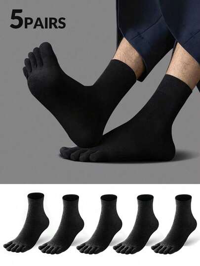5 Pairs Men's Solid Color Casual Business Breathable Toe Socks