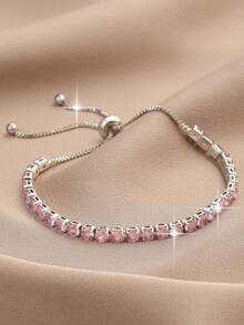 2 peças/1 conjunto Pulseiras de Corrente de Tênis de Zircônia Cúbica Rosa Requintada para Presentes de Aniversário, Festival e Decoração Diária de Joias de Cobre para Adolescentes - Pulseira - Visão 6