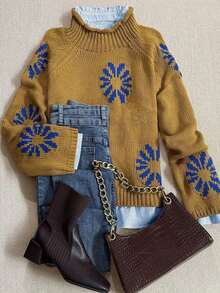 Autumn And Winter Fashion Casual Comfortable Warm Apricot Flower Pattern Knit High Neck Long Sleeve Loose Sweater Pullover - Màu Mù tạt vàng - Xem 3