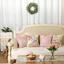 Bộ 4 vỏ gối hình thỏ Phục Sinh, họa tiết thỏ dễ thương và hoa, trang trí nhà mùa xuân, vỏ gối in một mặt bằng polyester, quà tặng trang trí Phục Sinh, thích hợp cho phòng ngủ, phòng khách, ghế sofa, giường, ghế, có khóa kéo, không bao gồm ruột gối. - Hồng - Xem 7