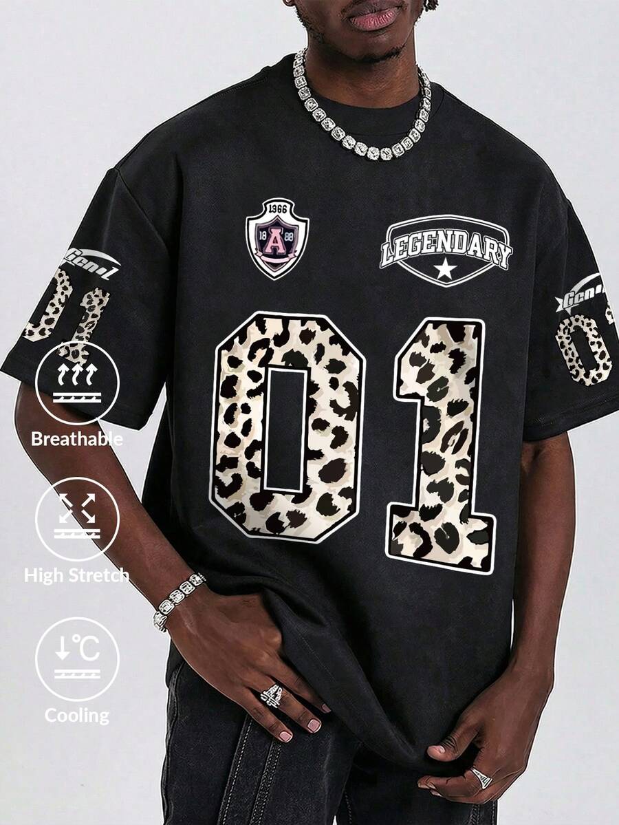 Camvyn 男士休闲时尚街头豹纹宽松轻薄短袖T恤，夏季 - 黑色 - 查看 1