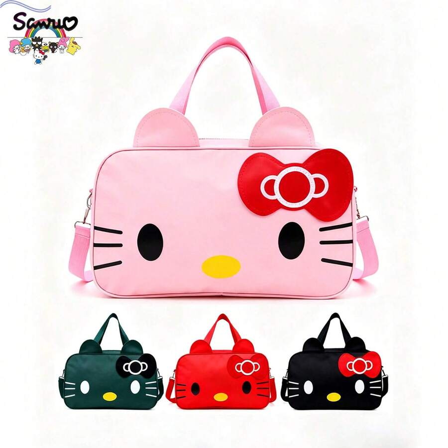 SANRIO 1个3D可爱猫脸印花手提包，粉色、黑色、红色和绿色可选。可拆卸可调节肩带，可手提或肩背。大容量，采用优质涤纶面料，拉链封口。时尚可爱的少女风背包，适合旅行、上学、上班和日常使用。旅行包、行李包、手提袋、健身包、登机包、周末旅行包，轻便耐用，是户外度假和夏季旅行的必备单品。