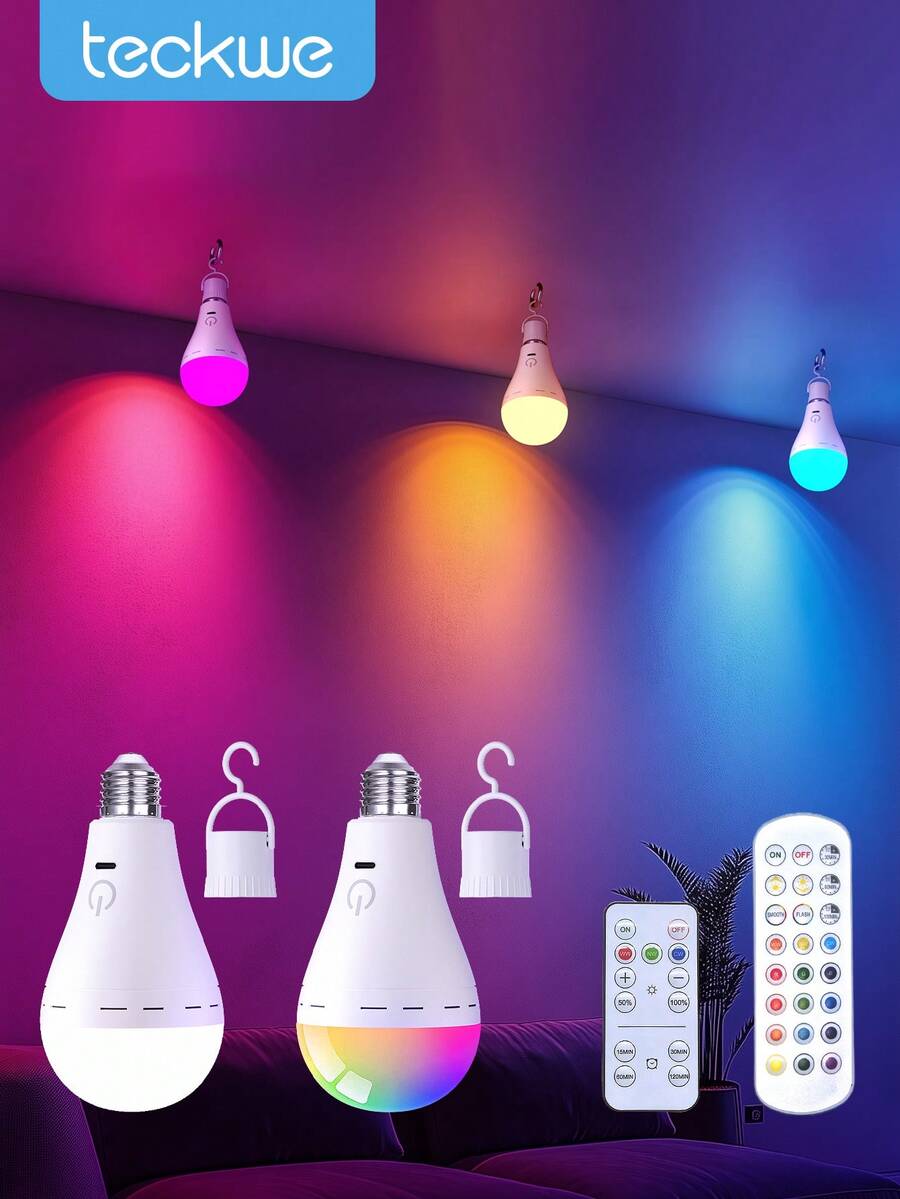 Teckwe LED Rechargeable Light Bulbs With Remote & Touch Dimmable, Battery Operated Small Light Bulb For Lamps, RGB 12 Colors For Party Room Decor, USB Battery Backup Light Bulb, Emergency Power Failure Device - White - View 1