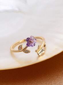 1pc 18K Gold Plated Natural Freshwater Pearl & Cubic Zirconia Adjustable Ring, Mother's Day, Valentine's Day, Birthday, Wedding Bride Gift - Purple Flowers - View 3