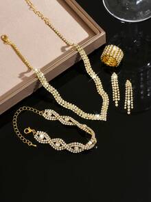 1pc V-Shaped Crystal Jewelry Set, Full Diamond Necklace, Earrings, Bracelet And Ring, Luxury Design, Formal Event Accessory, Gift For Valentine's Day/Mother's Day - Gold - View 3