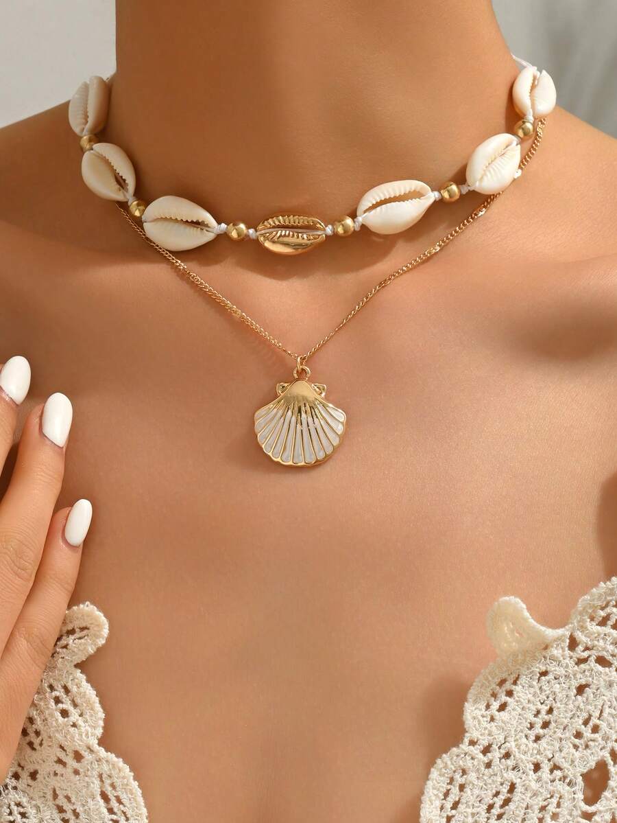 2件套夏季海洋风贝壳串珠项链，时尚金色滴釉贝壳吊坠装饰颈链，百搭女士饰品，适合日常佩戴、海滩派对、约会、音乐节等场合。 - 彩色 - 查看 1