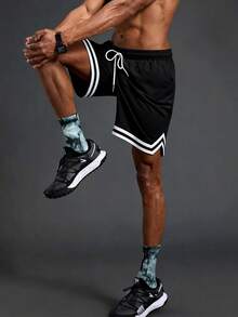 男士条纹饰边抽绳腰篮球短裤 - 黑色 - 查看 6