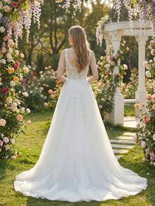 YOUKEFEIER Spaghetti Strap Deep V Lace Embroidery Sexy Long Wedding Dress - Beige - View 6