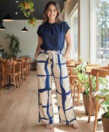 Printed High-Waisted Palazzo Pants With Pockets, Lining And Ties - Blue Waves Pants - View 1