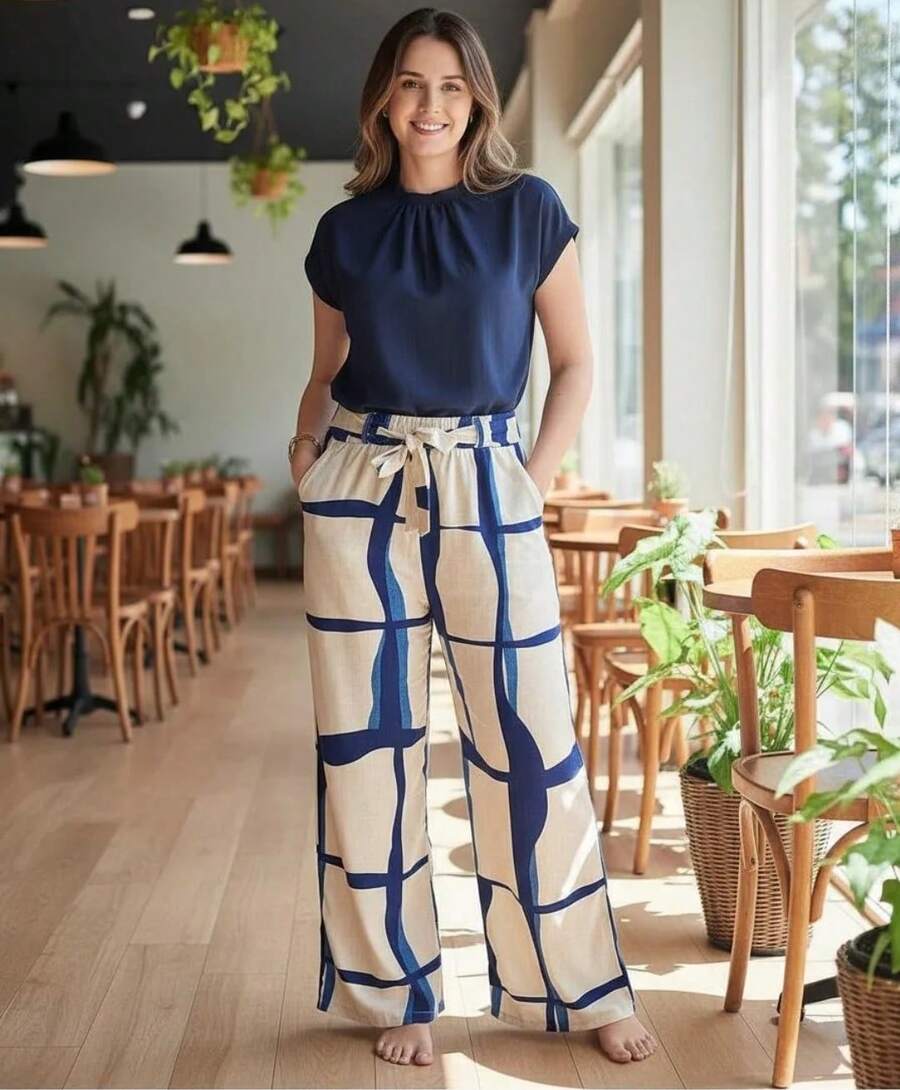 Printed High-Waisted Palazzo Pants With Pockets, Lining And Ties - Blue Waves Pants - View 1