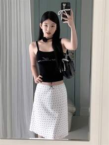 2026 Summer White Black Polka Dot Midi Skirt - Elegant Pure Yurty Sweet Casual Street High-Waist A-Line Flowy Hem Mini Bow Detail Ladies Skirt , Perfect For Valentine's Day/Women's Day/Mother's Day - Black and White - View 3