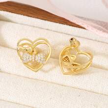 1 Pair Gold Tone CZ Paved Bowknot Double Layer Hollow Heart Stud Earrings Women's Daily Jewelry - Heart-shaped Bow Earrings - View 7