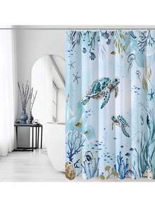 Set Tirai Mandi Motif Penyu Laut 1/4 buah, Dekorasi Kamar Mandi Gaya Pantai Laut Biru & Hijau, Tirai Mandi Poliester Tahan Air Ukuran 70,8*70,8 Inci dengan 12 Pengait - A - View 18