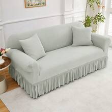 1PC Stretch Sofa Cover With Pleated Skirt High Elasticity High Quality One Piece Design Sofa Cover Solid Color Dust Proof And Non Slip Sofa Cover Suitable For Bedroom Office Living Room And Home Decoration Valentine's Day Gifts Valentine's Day Decorations - 淺灰色 - 查看 5