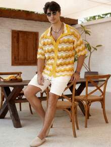 Men's Lightweight Breathable Fashionable Casual Beach Holiday Hollow Striped Polo Collar Single-Breasted Knit Sweater, Suitable For Summer Daily And Holiday Wear - Yellow - View 4