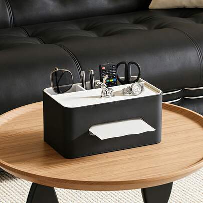 3-In-1 Elegant Storage System, Upgraded PU Leather Multi-Function Tissue Box, Desktop Smart Compartment Napkin Holder