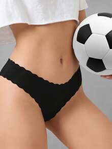 弹性罗纹无缝三角内裤，透气黑色舒适三角裤，波浪边女士内裤，女士夏季内衣 - 黑色 - 查看 4