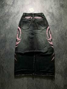 Y2K Women Baggy Jeans Retro Harajuku Distressed Ripped Wide Leg Cropped Pant High Street Rock Hip Hop Printed Clothing Jean - 黑色 - 查看 4