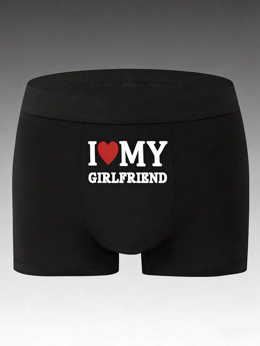 男士内裤，超舒适高弹轻盈，“我爱我的女朋友”字母印花，适合婚礼、情人节、周年纪念日（送给男友的礼物） - 黑色 - 查看 1