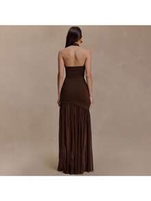 2026 New Fashion Temperament Hot-Selling Neck Women's Long Dress Sexy Hollow Pleated Backless Hip-Wrapped Dress - 咖啡 - 查看 2