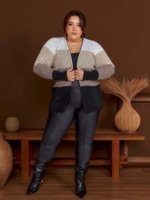 Plus Size Cardigan With Pocket, Wide Stripe Knit - 黑色和沙色 - 查看 4