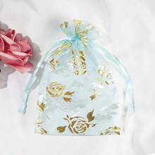 10pcs Gold Foil Rose Pattern Drawstring Organza Bags, Jewelry & Cosmetic Sample Packaging Pouches - Multicolor - View 11
