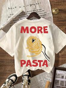 Women's Casual Round Neck Short Sleeve T-Shirt With Italian Pasta Print - Light Apricot - View 1