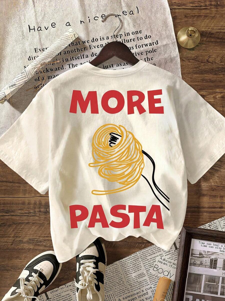 Women's Casual Round Neck Short Sleeve T-Shirt With Italian Pasta Print - Light Apricot - View 1