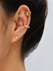 Nooxian 3pcs Luxury Zirconia Ear Cuff Set, Featuring Delicate Star & Heart Geometric Design - Golden - View 9