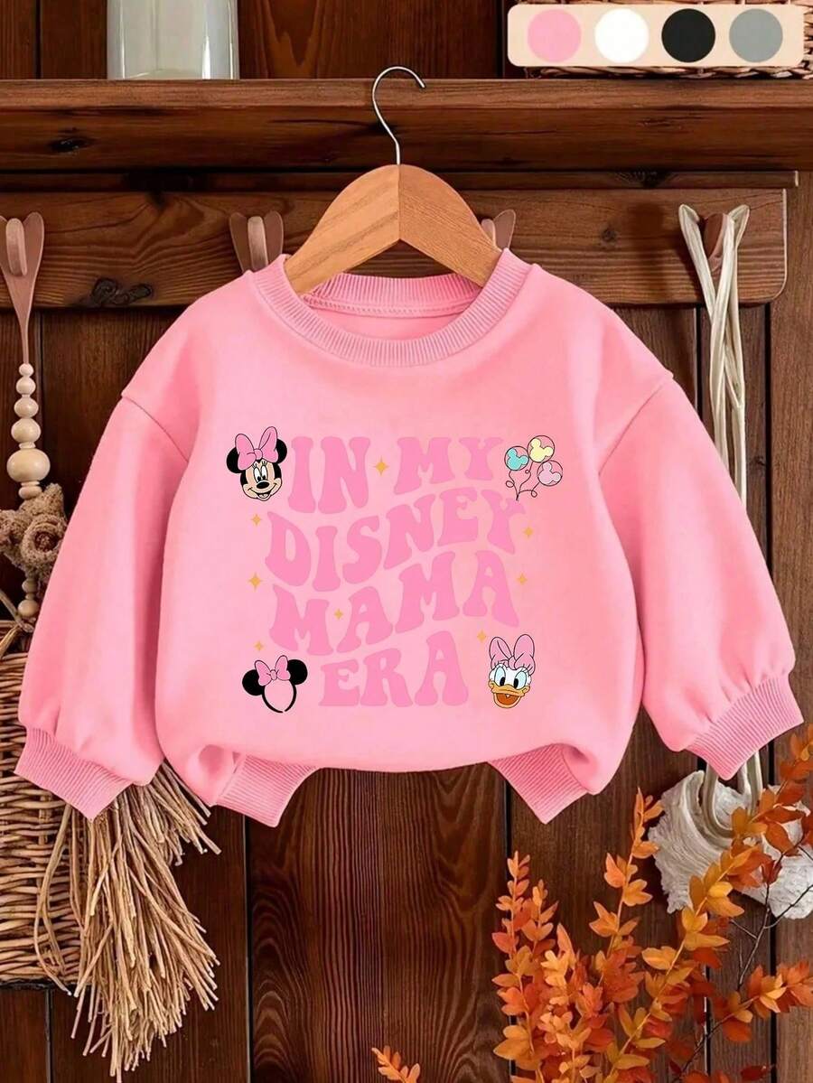 Disney Girls' Sweatshirt, Minnie Mouse Alphabet Cartoon Print Design Fall/Winter Children's Crewneck Sweatshirt Long-Sleeve Top For Girls' Daily Play And Outings Perfect For School Or Shopping Trips - 粉色 - 查看 1