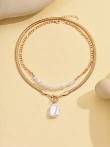 2pcs/Set Elegant Faux Pearl & Gold Chain Necklace Set, Minimalist Jewelry Layering Necklace Suitable For Daily Wear And Casual Outings - Gold - View 2
