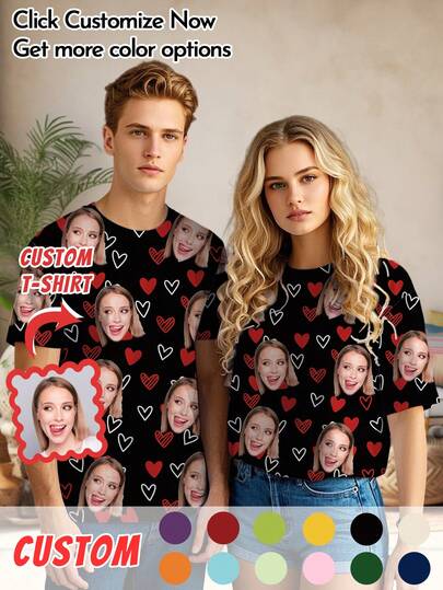 Customized Funny Face Men's T-Shirt For Valentine's Day, Men's Short Sleeve T-Shirt With Red Heart - Unique Face Design, Personalized Couple's, Create A One-Of-A-Kind Gift For Family And Friends On Valentine's Day