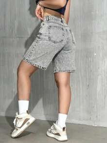 Quần short denim dáng casual đa năng cho nữ tuổi teen, có túi và cúc. - Xám - Xem 2