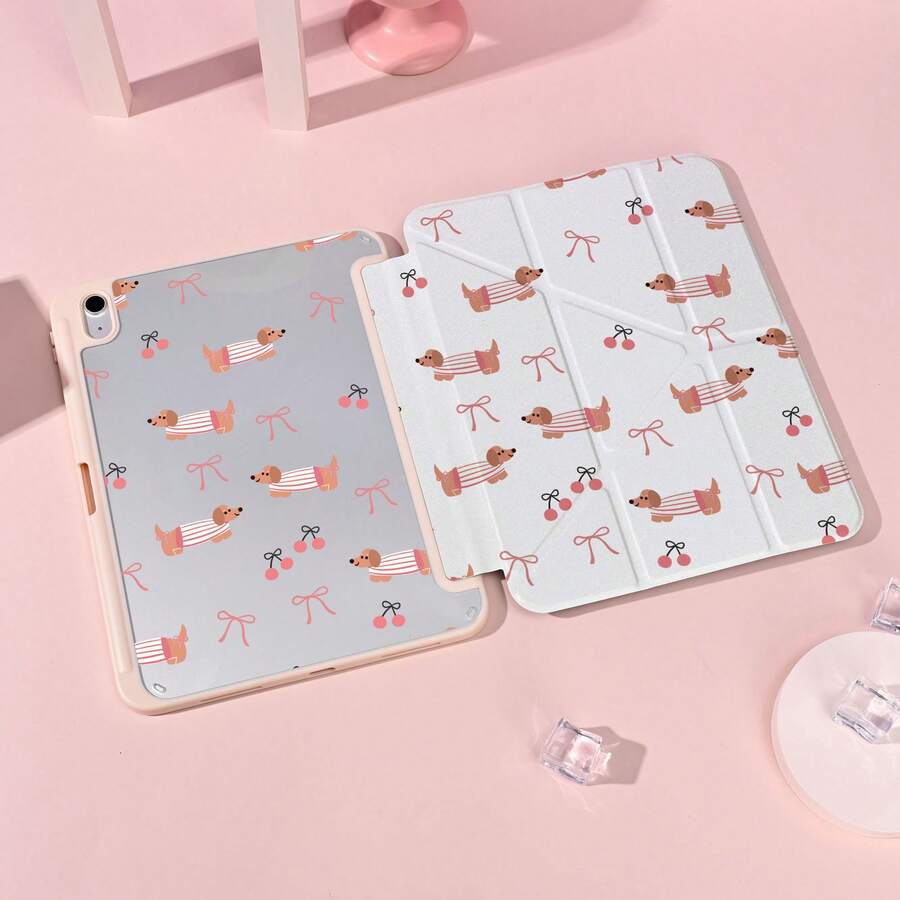 Bear 1pc Cute Dachshund Pattern Tablet Case With Pencil Holder, Multi-Angle Stand Protective Cover, Auto Sleep/Wake,Kawaii Tablet Case Compatible With Pro/Air/Compatible With Samsung Galaxy A9/S9/S7/S10+/Compatible With XIAOMI - Multicolor - View 1