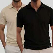 Kit Of 2 Italian Textured Polo Shirts Without Buttons, Slim Sleeves. - Beige and Black - View 8