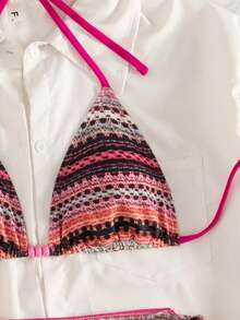 Bộ bikini hai mảnh kẻ sọc gợi cảm buộc dây phía trước dành cho nữ, thích hợp cho kỳ nghỉ biển. - Nhiều màu - Xem 3