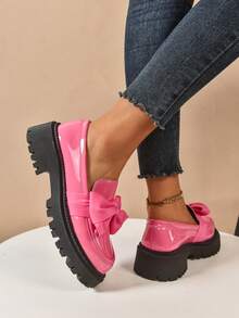 New Women's Loafers Thick Sole Spring/Autumn Fashion Versatile PU Outdoor Wear Black Bow Round Toe Slip-On Shoes - Pink - View 2