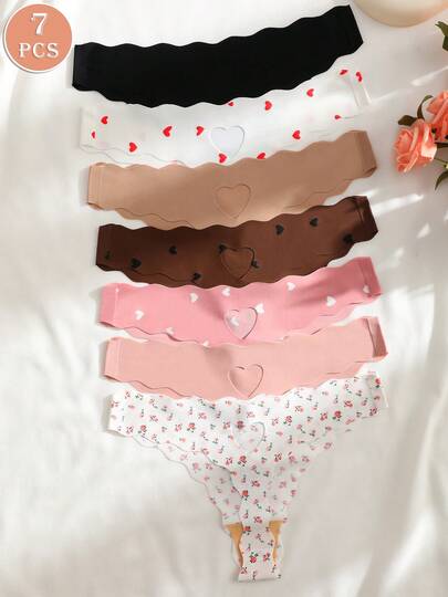 Paquete de 7 bragas para mujer de Día de San Valentín, con diseño de flores y corazones, diseño de corazón hueco, sexy y cómodo tanga de cintura baja