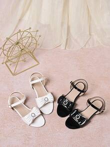 1 par de nuevos sandalias de tacón alto con cristales brillantes y lazos de PU para niñas, adecuadas para princesa, a juego con vestidos de verano, escenario, boda, festivales y uso diario - Negro - Ver 10