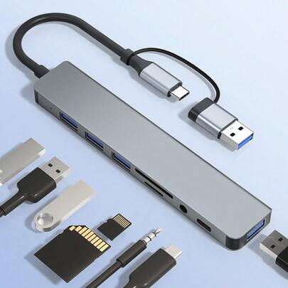 Teckwe Bộ chia USB 3.0 USB C tích hợp đầu đọc thẻ SD, jack âm thanh, 8 trong 1, bộ chuyển đổi đa cổng cho MacBook Pro Air và nhiều thiết bị PC/Laptop/Máy tính bảng khác.